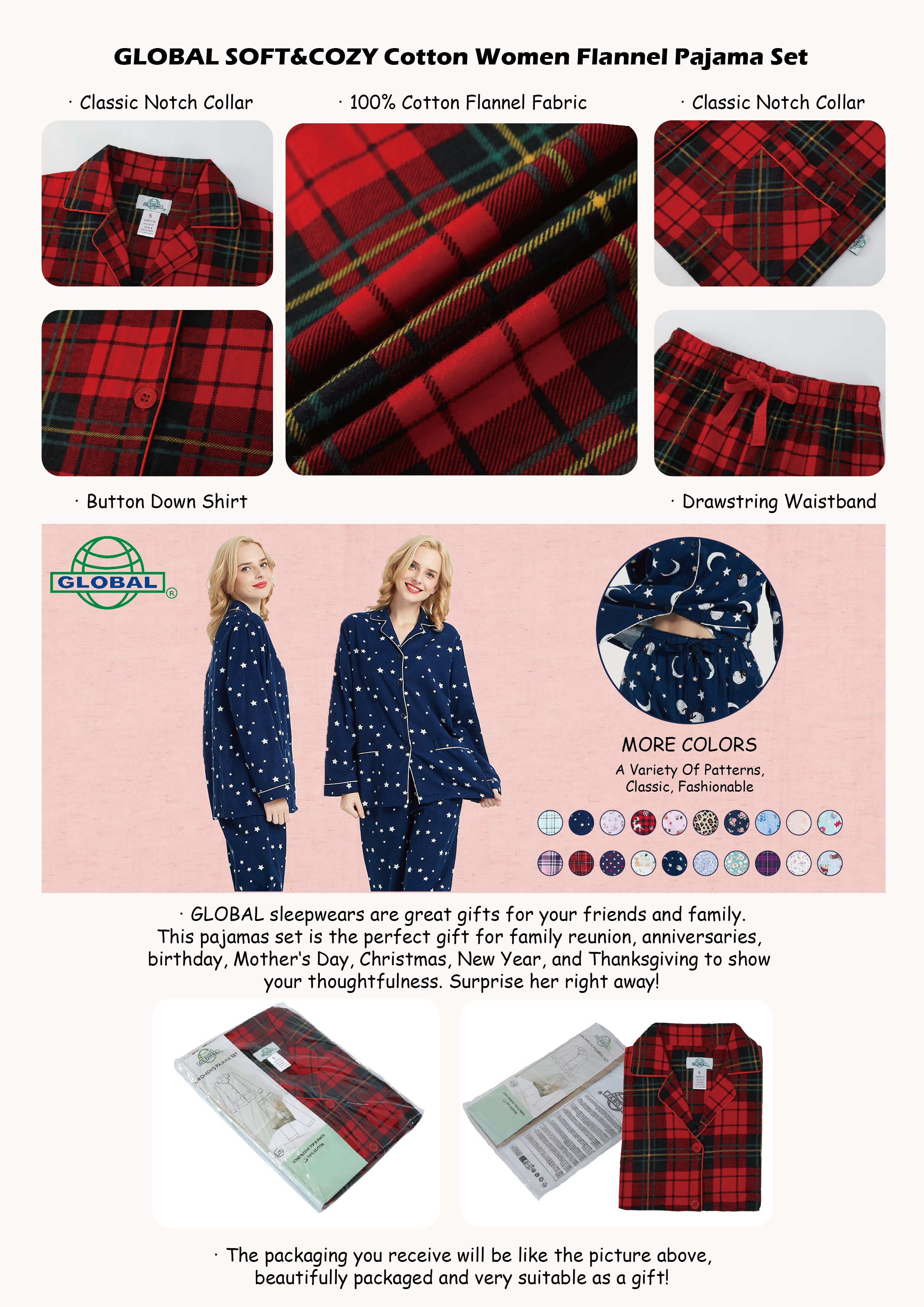 GLOBAL Women's Flannel Pajama Set, 100% Cotton photo 3