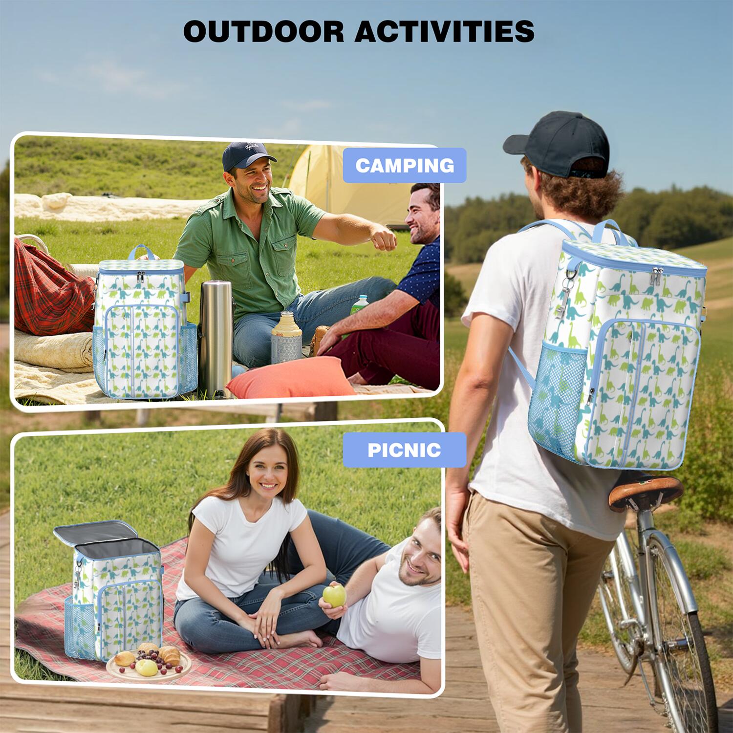 Travel Cooler Bag - Blue Green Cartoon Dinosaurs Silhouettes Pattern Camping Beer Cooler Backpack with Bottle Opener- Waterproof Insulated Picnic Backpacks - Cooler Bag for Beach