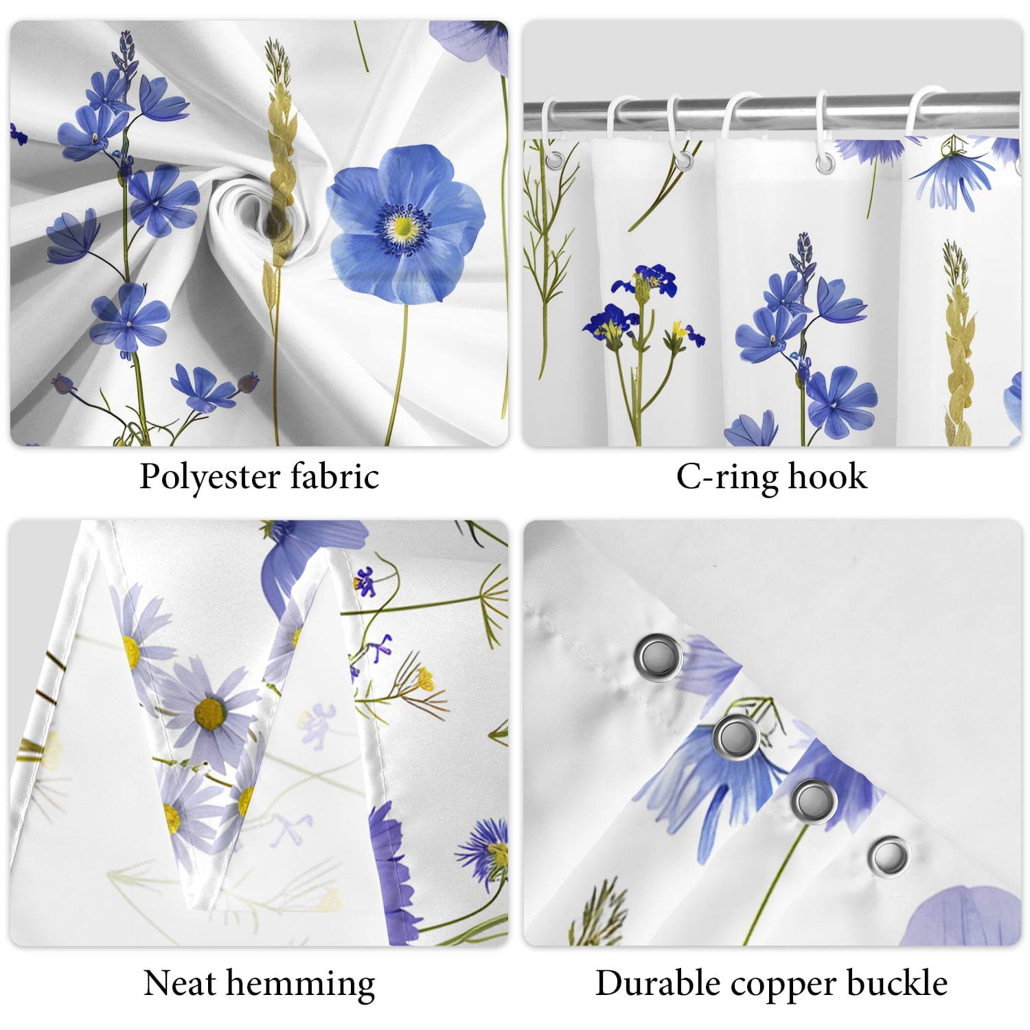 Purple Floral Shower Curtain, Watercolor Flower Plant Polyester Fabric Bath Curtain with Hooks,72''x72''