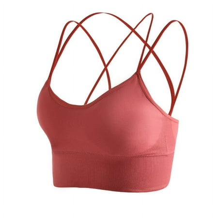 EHTMSAK Cross Back Sports Bra for Women Padded Strappy Yoga Bra Medium Support Workout Bra for Athletic Gym Fitness Watermelon Red S
