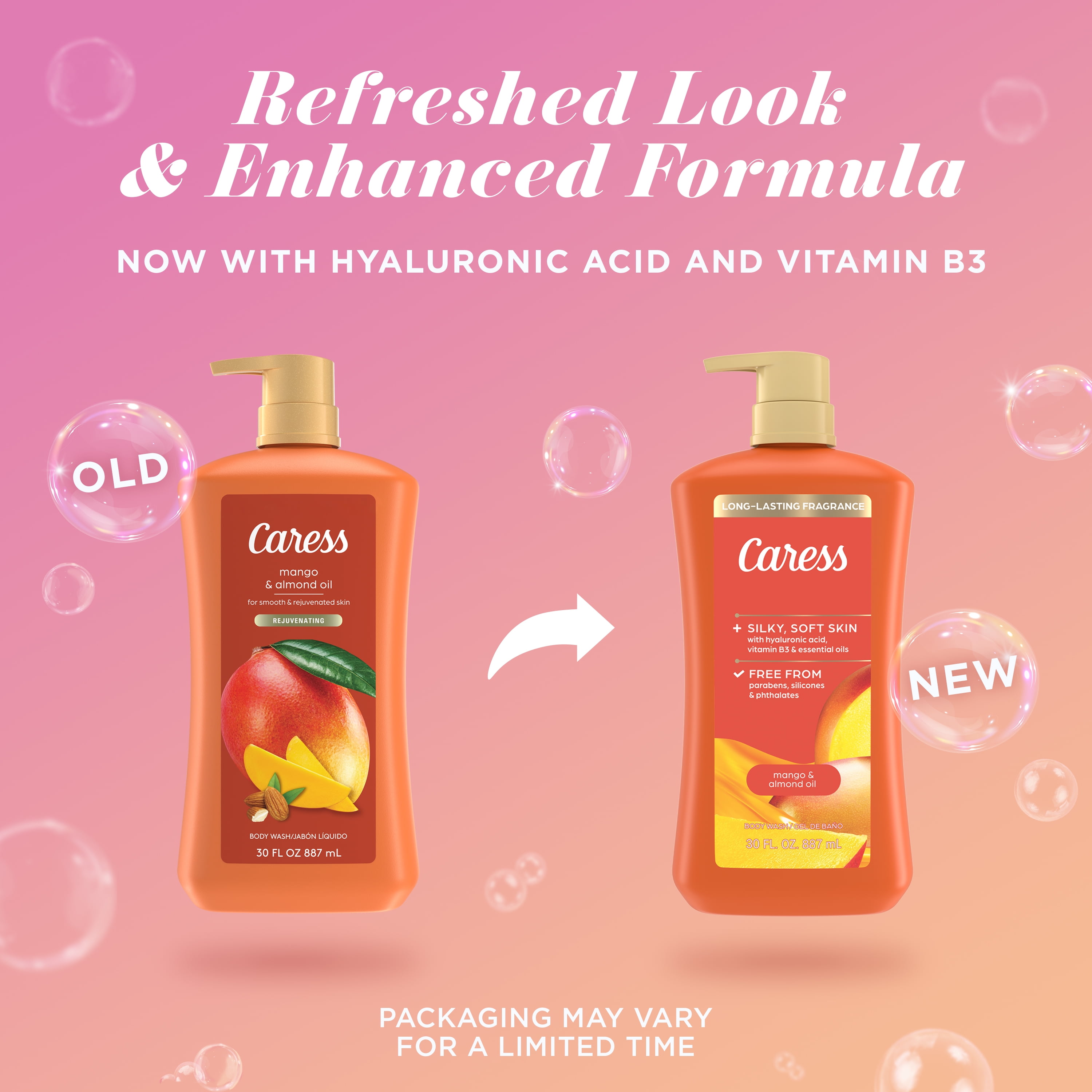 (4 pack) Caress Body Wash for Women, Mango & Almond Oil Shower Gel for All Skin 30 fl oz