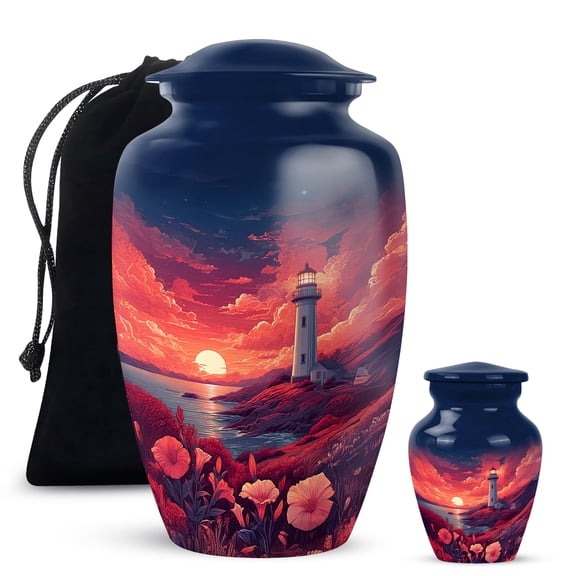 Yatskia Sunset Lighthouse Small Funeral Keepsake Urns for Human Ashes Adult Brother and Sister, Large Memorial Urn for Ashes Adult Dad, (Classic 10 Inch and 3 Inch)