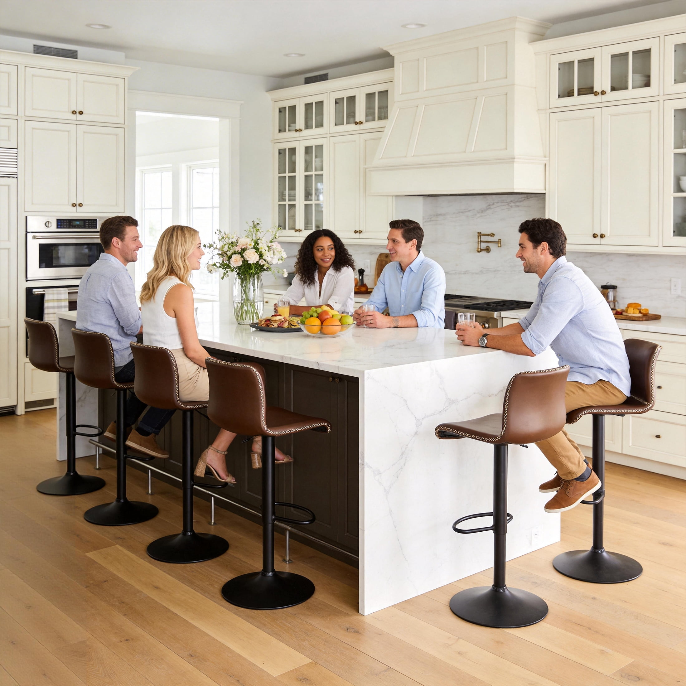 FIRAVOE Bar Stools Set of 6, Swivel Bar Height Bar Stools with Ergonomic Back, Adjustable Barstools 24" to 32", Faux Leather Bar Chairs for Kitchen Island, Brown