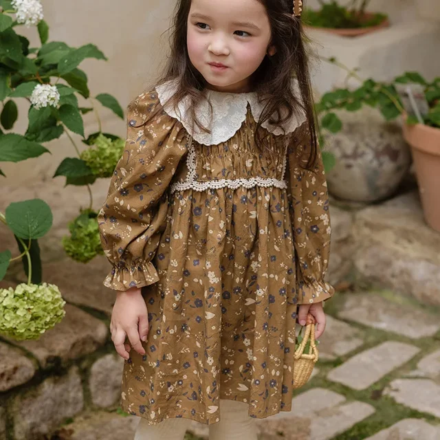 2-8 Y Spring Girls' Clothing Sweet Peter Pan Collar Floral Dress for Girls Children's Puff Sleeve Princess Dress Kid's Outfit