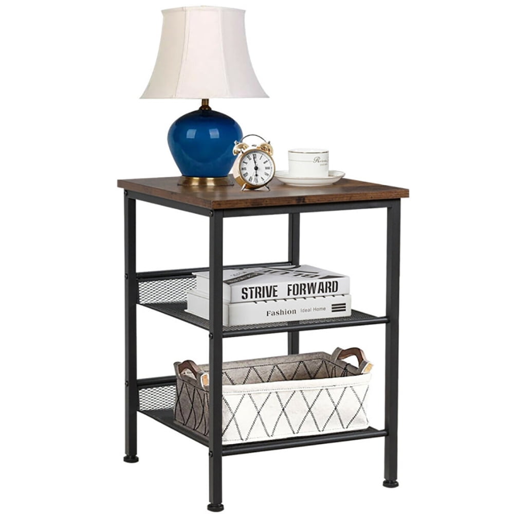 Finihen End Table, 3-Tier Industrial End Table with Mesh Shelves and Adjustable Shelves, Sofa Side Table, Bed Side Table, for Living Room, Bedroom, Brown Finihen End Table, 3-Tier Industrial End Table with Mesh Shelves and Adjustable Shelves, Sofa Side Table, Bed Side Table, for Living Room, Bedroom, Brown