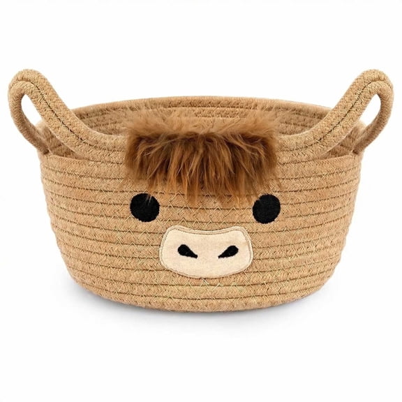 Highland Cow Baby Basket – Woven Cotton Storage Bin for Nursery Decor, Baby Shower Gifts & Holiday Organizing, Adorable Khaki Basket with Embroidered Details & Ear Handles, 10.7"D x 6.7"H