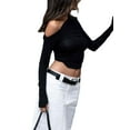thumbnail image 3 of Fortune Women Basic Slim T-Shirts Solid Long Sleeve Ruched Off Shoulder Crop Top, 3 of 6