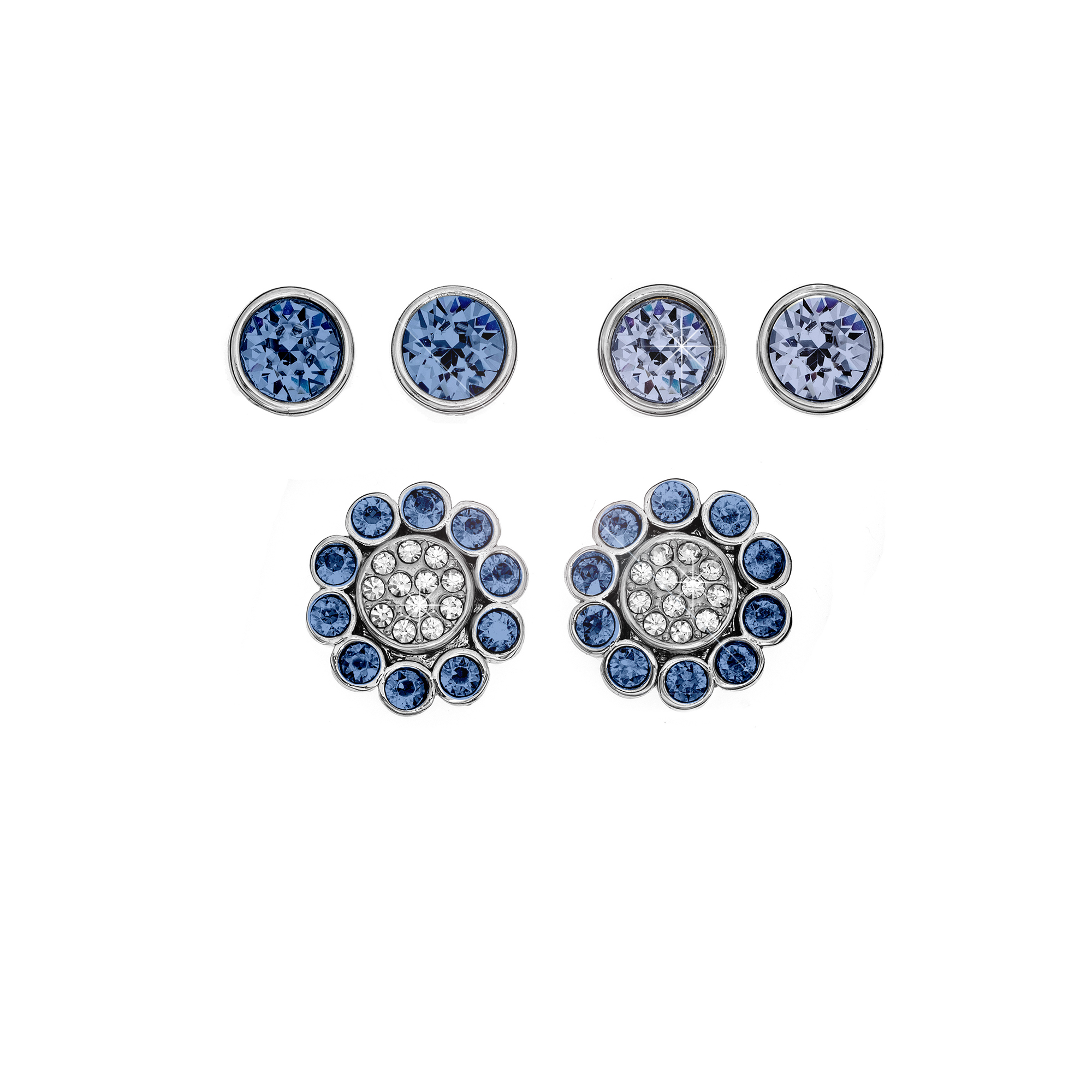 X and O Rhodium Plated 4Piece Sapphire Floral Stud Earring Jacket Set, Made With Swarovski