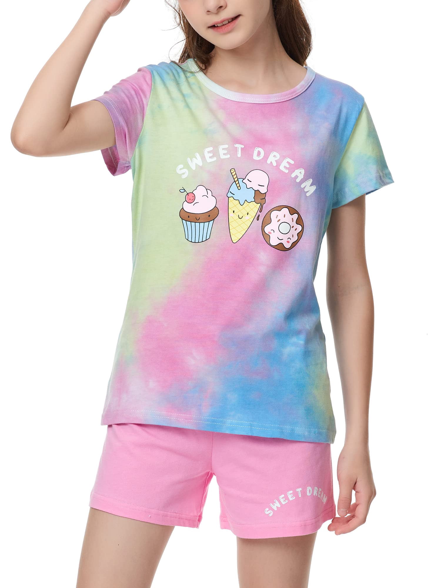 Beezizac Girls Sleepover Theme Matching Pajamas Size 6-100% Cotton Summer Short Sleeve Tween Kids Jammies Set PJS Pal