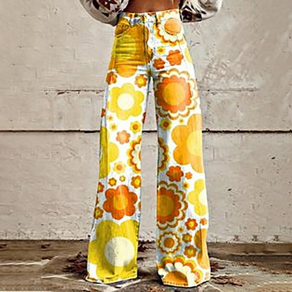 Yellow Women's Casual Pants, 2025 New Summer Flower Wide Leg Pants Lightweight And Loose Casual Colorful Pants Imitation Jeans,Women's Casual Pants 3XL