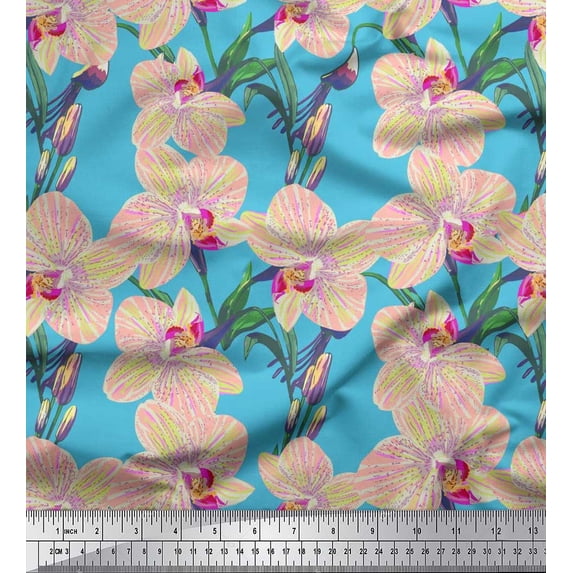Soimoi Polyester Crepe Fabric Leaves & Orchids Floral Print Fabric by The Yard 52 Inch Wide