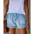 thumbnail image 3 of Dycnvjo Womens Roll Up Stretchy Denim Shorts Elastic Waist Drawstring Comfy Short Pants Light Blue XXL, 3 of 5