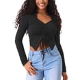 thumbnail image 1 of INSPIRAR CHIC Blusas Cortas de Mujer con Cordón y Fruncido en la Parte Frontal, Cuello en V, Estilo Casual Y2K, Talla XS, Color Negro, 1 of 6
