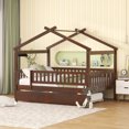 thumbnail image 3 of Harper & Bright Designs Full Size Wooden House Bed with Trundle, Wood Montessori Daybed Frame with Roof and Safety Guardrail, Walnut, 3 of 12