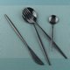 thumbnail image 4 of XmhyTop Juego de cubiertos de 24 piezas: juego de cubiertos reutilizables de acero inoxidable, tenedores, cucharas y cuchillos, cubiertos pulidos con efecto espejo (juego de 6, negro), 4 of 5