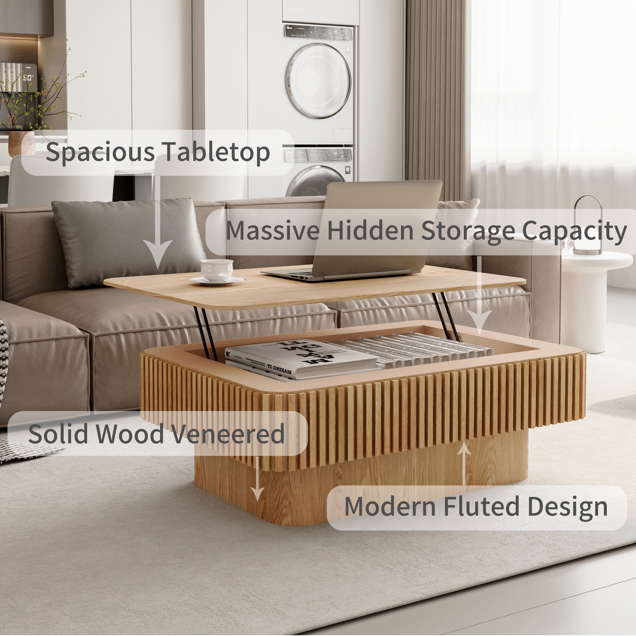 Noble House Leigh 38.6" Fluted Lift-Top Coffee Table with Adjustable Height, Hidden Storage, for Living Room, Natural