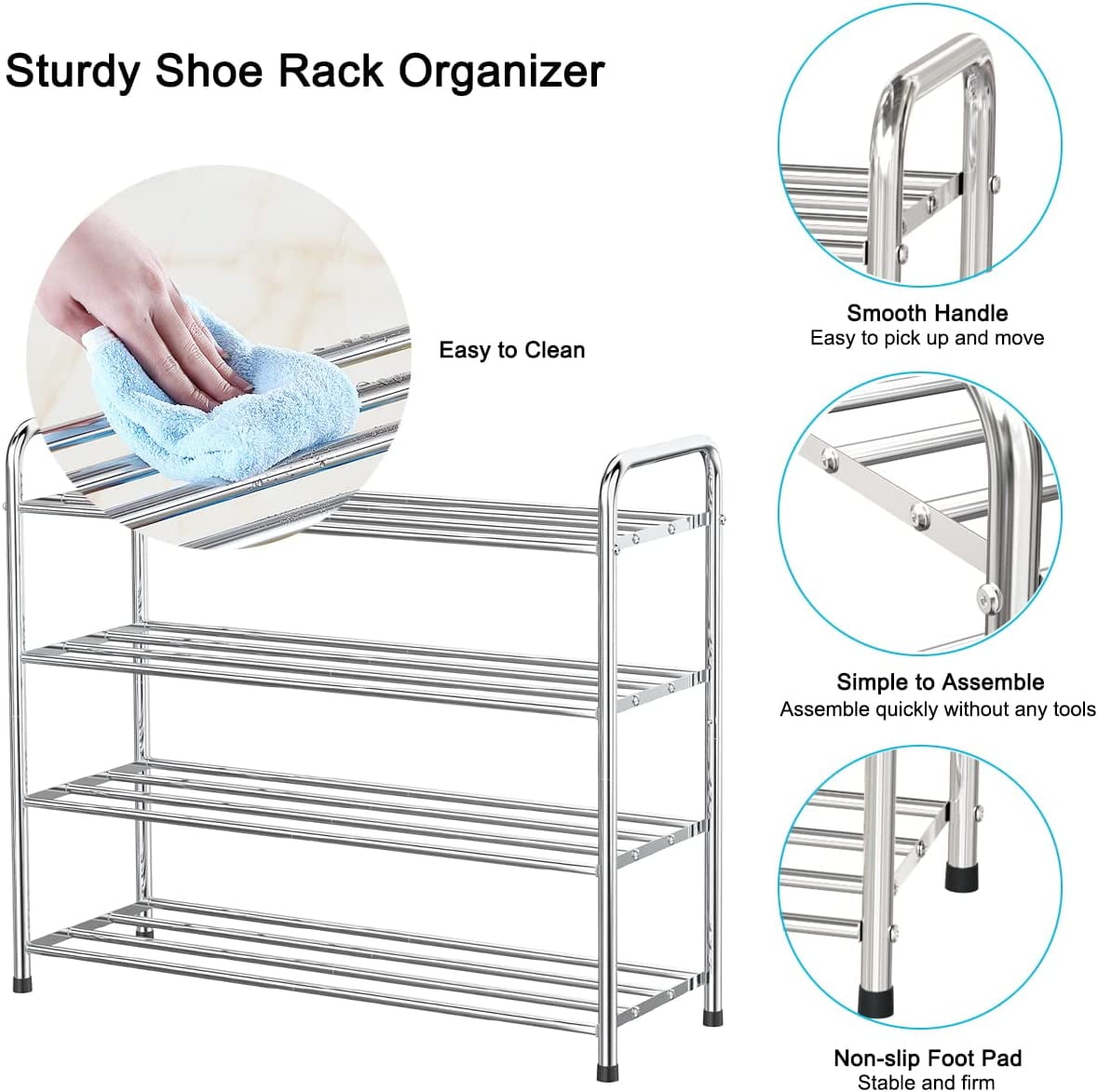 FANHAO 4-Tier Shoe Rack, 100% Stainless Steel Shoe Storage Organizer, up to 12 Pairs for Entryway