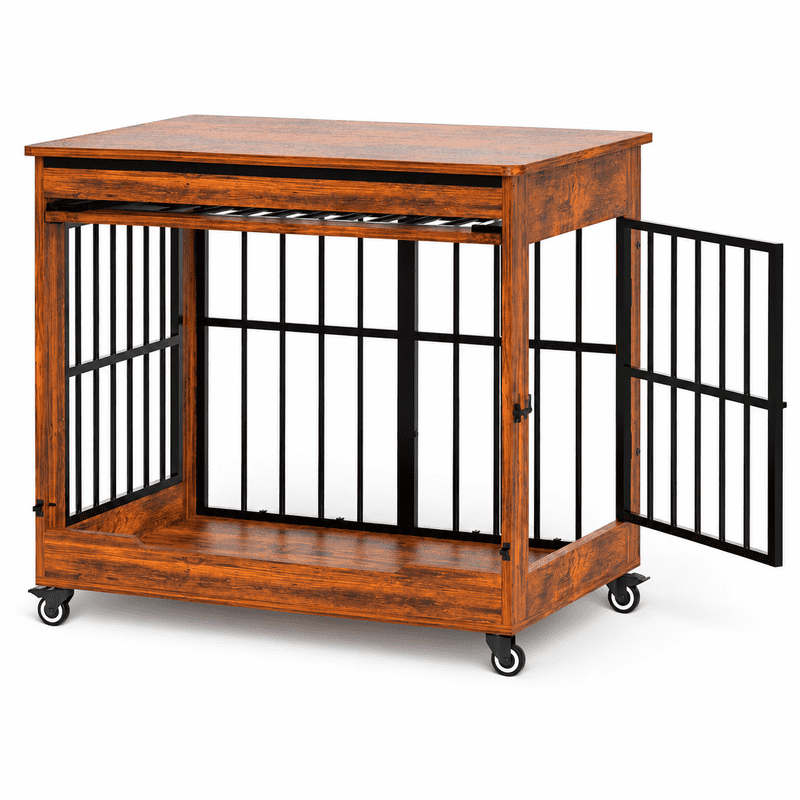 46" Large Dog Crate Furniture, Double Door Wooden Dog Kennel with Removable Curtain, Lockable Caster Wheels, Indoor Pet Cage End Table for Extra Large Dogs