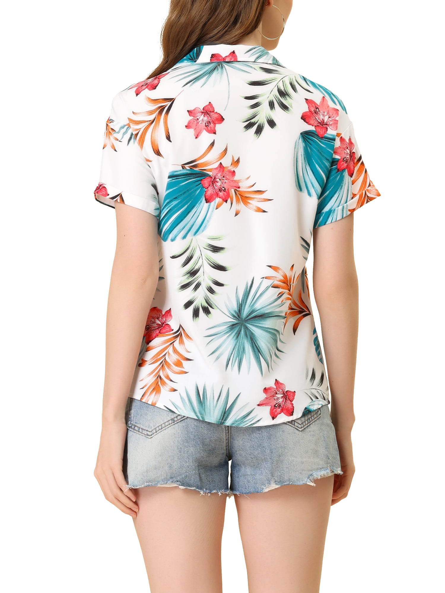 DARING DIVA Floral Leaves Print Short Sleeve Beach Top M White Floral