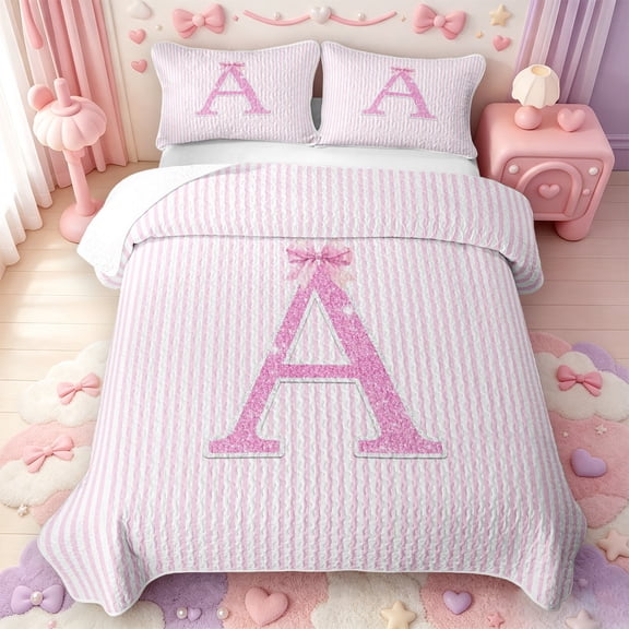 Manfei Pink Bling Letter A Print Quilt Full,Minimalist Geometric Lines Full Bedspread Sets,3 Pieces,1 Coverlet and 2 Pillowcases