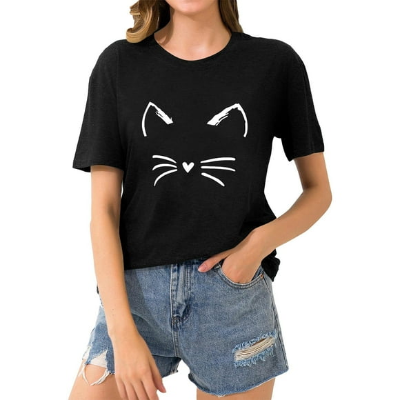 LUOGENLI Female T-shirts for Womens Women Round Neck Short Sleeve Everyday Text Botanical Floral Cat T Shirt Top Womens T-shirts Graphic Tees Vintage Summer Clothes Black S