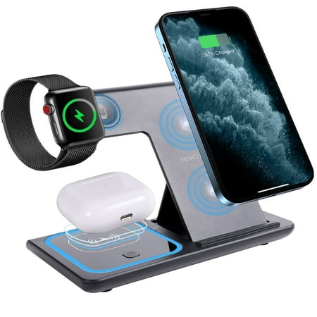 Super Joy 3 in 1 Wireless Charger, Foldable & Portable Wireless Charging Station with 18W Adapter for Apple iPhone/iWatch/Airpods, Black