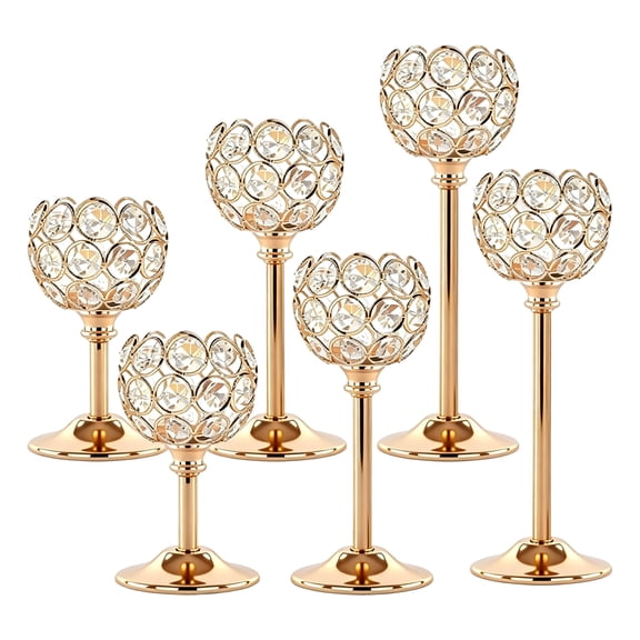 6 Pack Gold Crystal Candle Holders Set of 3 Heights - Vintage Hollow Ball Tealight Candlesticks for Wedding Table Centerpieces, Dining Room Home Decor