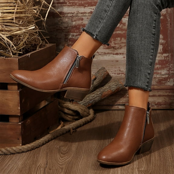 PiGOGI Women's Winter Boots Embroidery Round Toe Thick Heel Side Zipper Short Boots Fashionable Boots for Women Brown 43