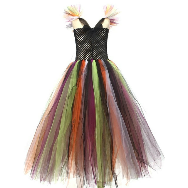 TheFound Girl Halloween Witch Costume Contrast Color Puffy Mesh Cami Dress Feather Hat Broom Cosplay Set