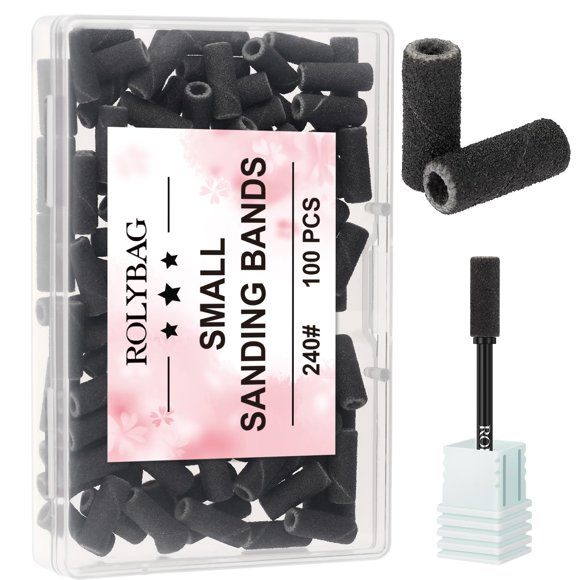 Rolybag 100pcs Small Sanding Bands Nail Drill Bits 240 Extreme Fine Grit Nail File Sanding Bands with 3.1mm Mandrel Bit for Acrylic Nails Gel Removing Shaping Professional Manicures and Pedicure Black