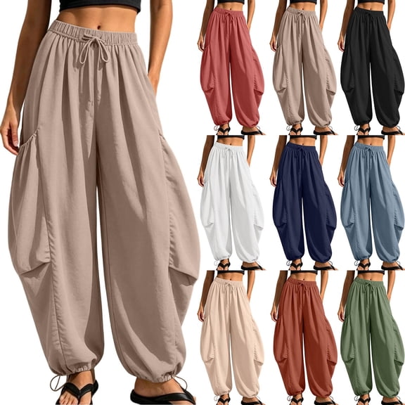 Noric Women Balloon Jogger Casual Pants High Waist Drawstring Elastic Waist Tie Hem Full Length with Pockets Lightweight Loose Fit Trousers