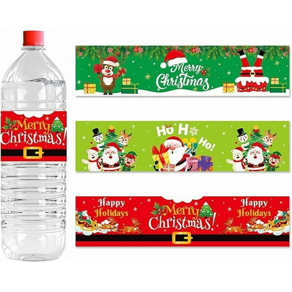 Mixed Christmas Water Bottle Labels, 48Pcs Merry Christmas Wraparound Wrappers Santa Claus Labels Stickers for Holiday Birthday Party Supplies