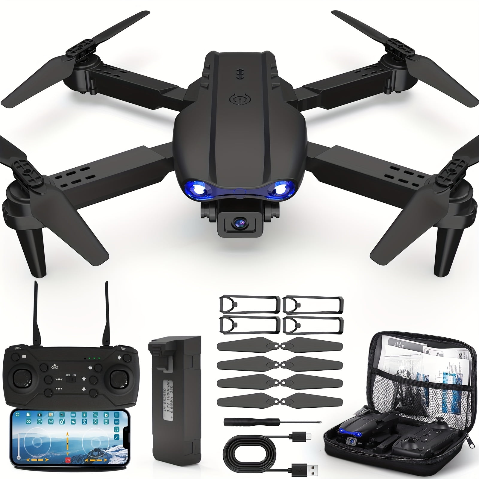 E99 Drone with Camera, Foldable Rc Drone with APP Control, Real-time Video Remote Control Quadcopter, Comes with 2 Batteries, Birthday Gift Indoor And Outdoor Drone Aircraft,  Easter Gift