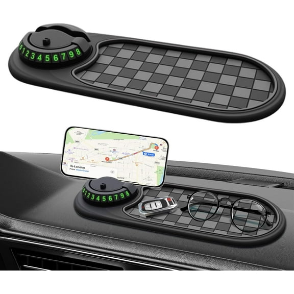 Multifunction Universal Car Dashboard Anti-Slip Mat with 360° Rotatable Phone Holder & Hidden Parking Number Plate - for Phones, Sunglasses, Keys, Gadgets