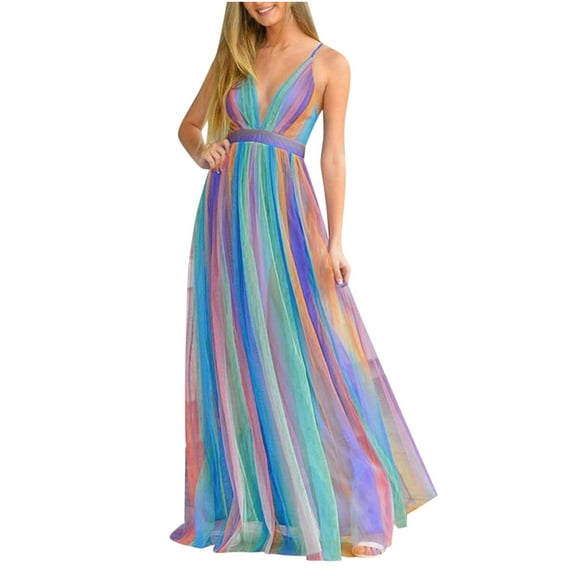 TMOYZQ Women's Sexy Deep V Neck Maxi Dress Sleeveless Spaghetti Strap Open Back Chiffon Beach Boho Dress Elegant Party Dress Wedding Guest Long Dress