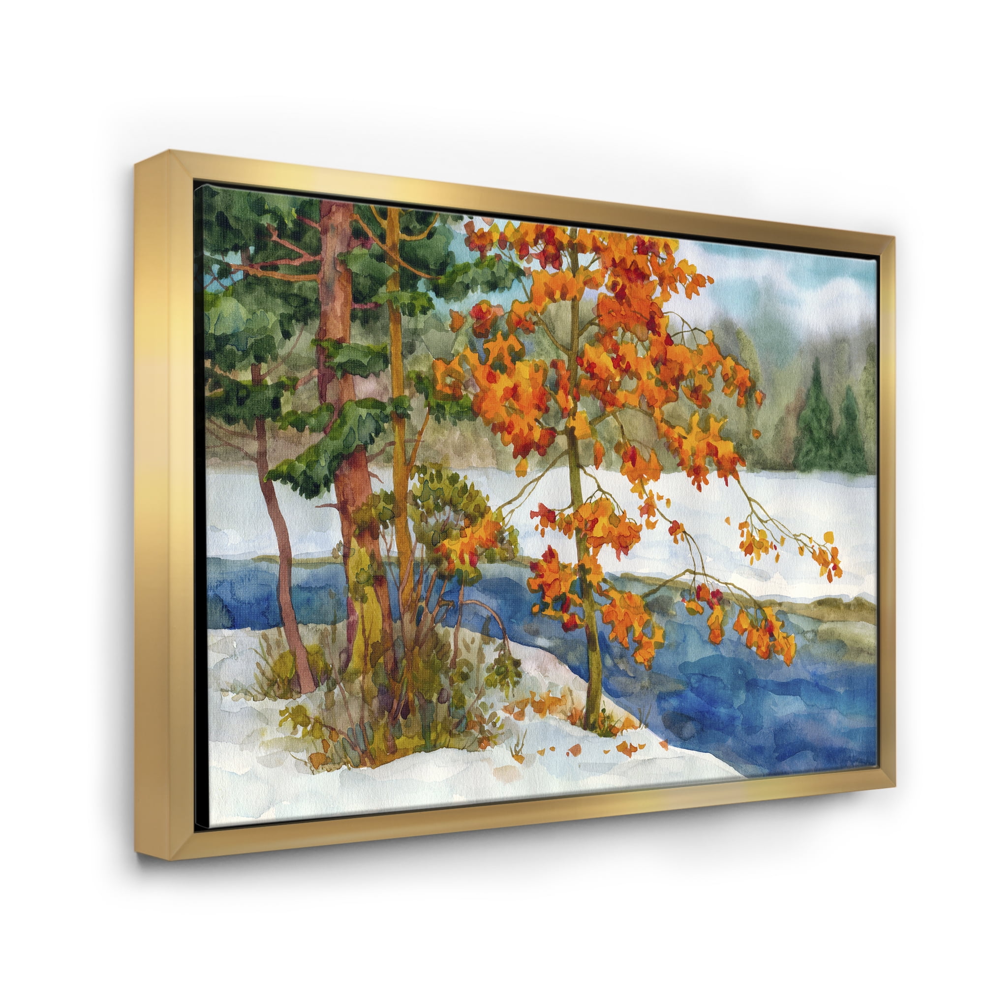Designart 'Stream Through The Winter Forest I' Lake House Framed Canvas Wall Art Print