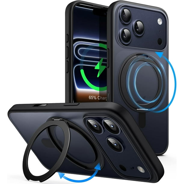 Funda Anillo Giratorio 360 Grados para iPhone 17 Pro MAX 6.9 Pulgadas con Botón Control Cámara, Compatible con MagSafe, Carcasa Slim Antigolpes con Soporte & Porta Anillos (Azul Profundo),Negro