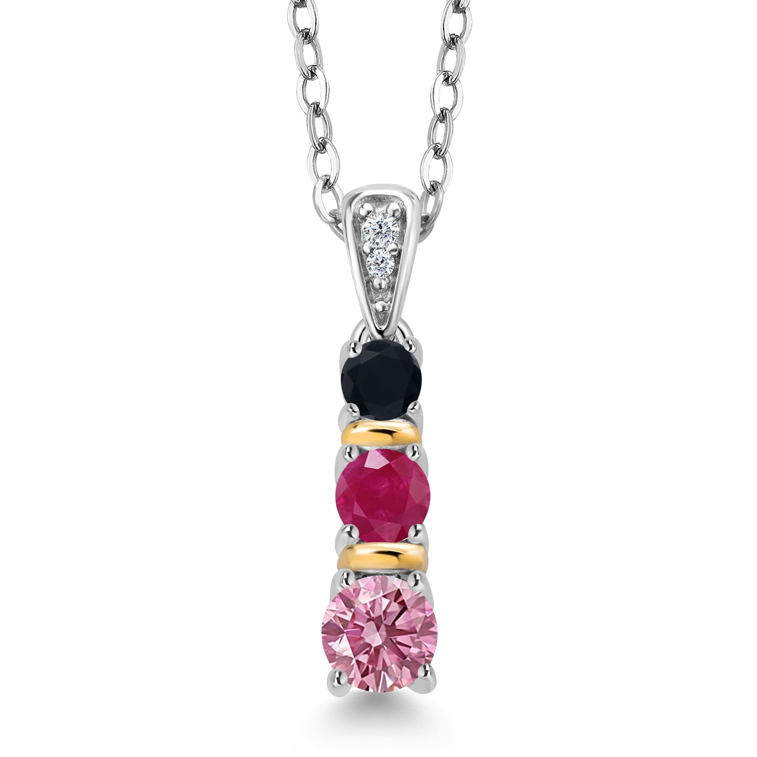 Gem Stone King 925 Silver and 10K Yellow Gold Round Pink Lab Grown Diamond Red Ruby and Black Onyx Pendant Necklace for Women (0.60 Cttw, Gemstone April Birthstone, with 18 inch Chain)