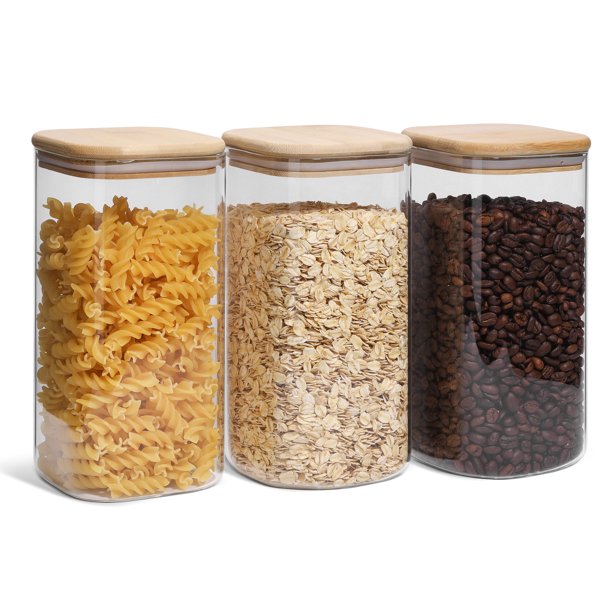 ComSaf Airtight Glass Storage Jars with Bamboo Lids, 50 oz, Set of 3