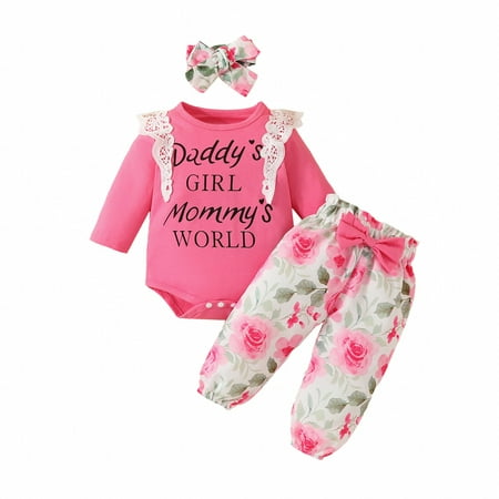 

Gyratedream Newborn Baby Girl 3PCS Outfits Clothes Infant Girl Outfits Long Sleeve Ruffle Romper + Floral Pants + Headband Set