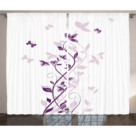 Purple Decor Curtains 2 Panels Set Violet Tree Persian Lilac Blooms With Butterfly Art Ornamental Plant Graphic Window Drapes For Living Room