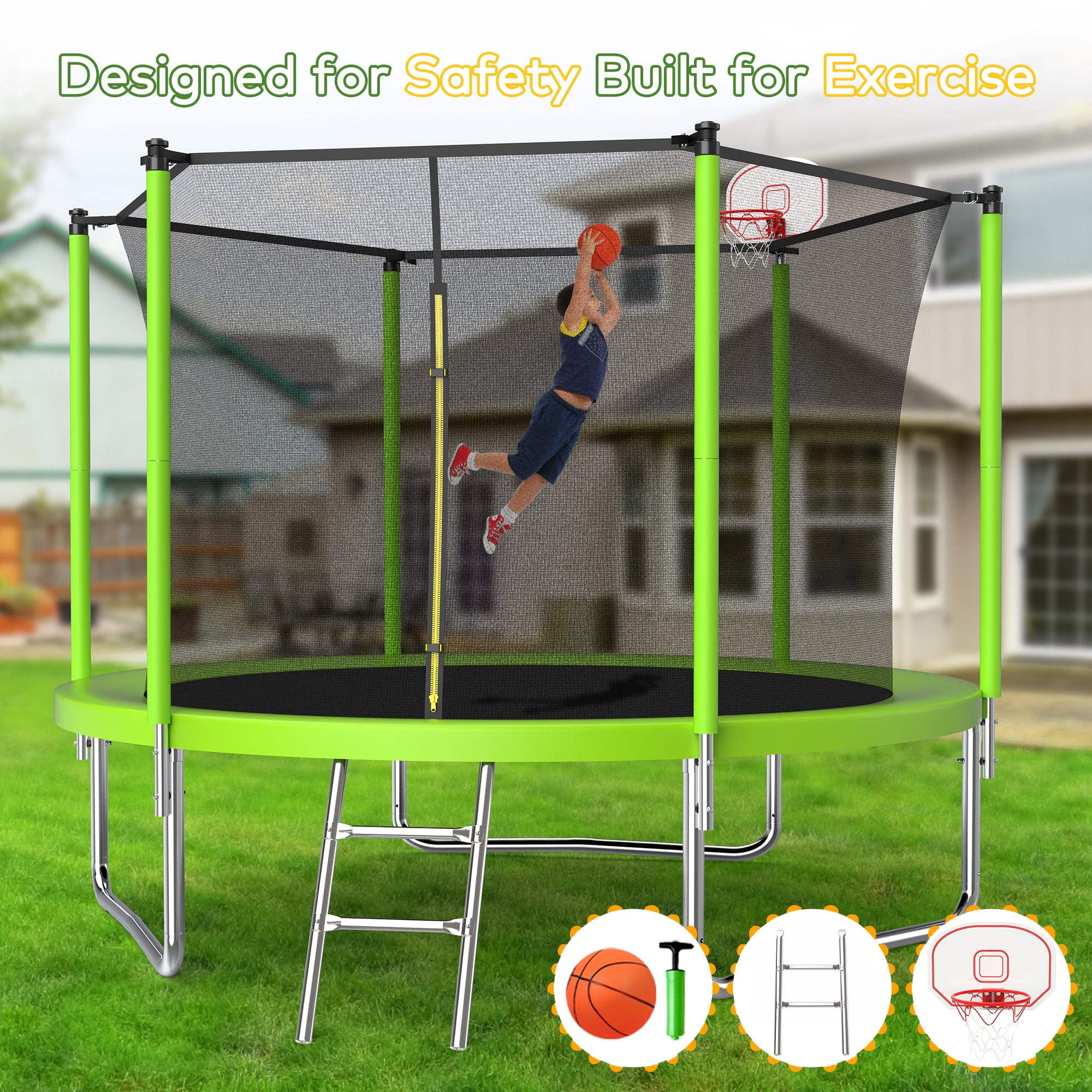 10FT Trampoline for Kids,Outdoor Trampoline with Basketball Hoop,Recreational Trampoline with Safety Enclosure Net,Green