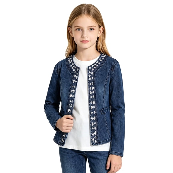 Edvintorg Jean Jacket for Girls Crew Neck Long Sleeve Open Front Denim Coat Teen Clothes for Girls Size 12-17
