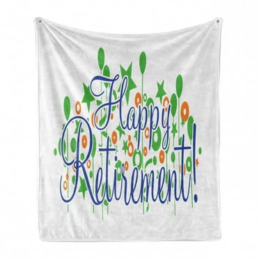 Retirement Party Soft Flannel Fleece Throw Blanket, Calligraphy Retirement Font with Balloons and Stars, Cozy Plush for Indoor and Outdoor Use, 70" x 90", Fern Green Dark Blue, by Ambesonne