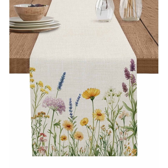 Yellow Spring Floral Table Runner 72 Inches, Summer Flowers Botanical Rustic Bed Runner Dresser Scarves Tabletop for Indoor Outdoor Parties/Ceremony/Banquet, 14" x 72"