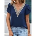 thumbnail image 3 of Camisa informal de verano morada para mujer, corte holgado con mangas de pétalos, parte superior de encaje con escote en V en talla XL, 3 of 8