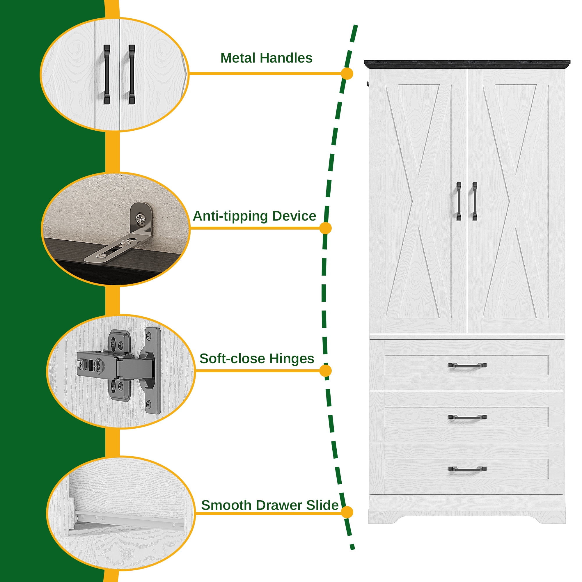 LIKIMIO 70.9"H Wardrobe Closet with Sensor Light and 3 Drawers, Wooden Bedroom Armoire Cabinet with 2-Door and Hanging Rod