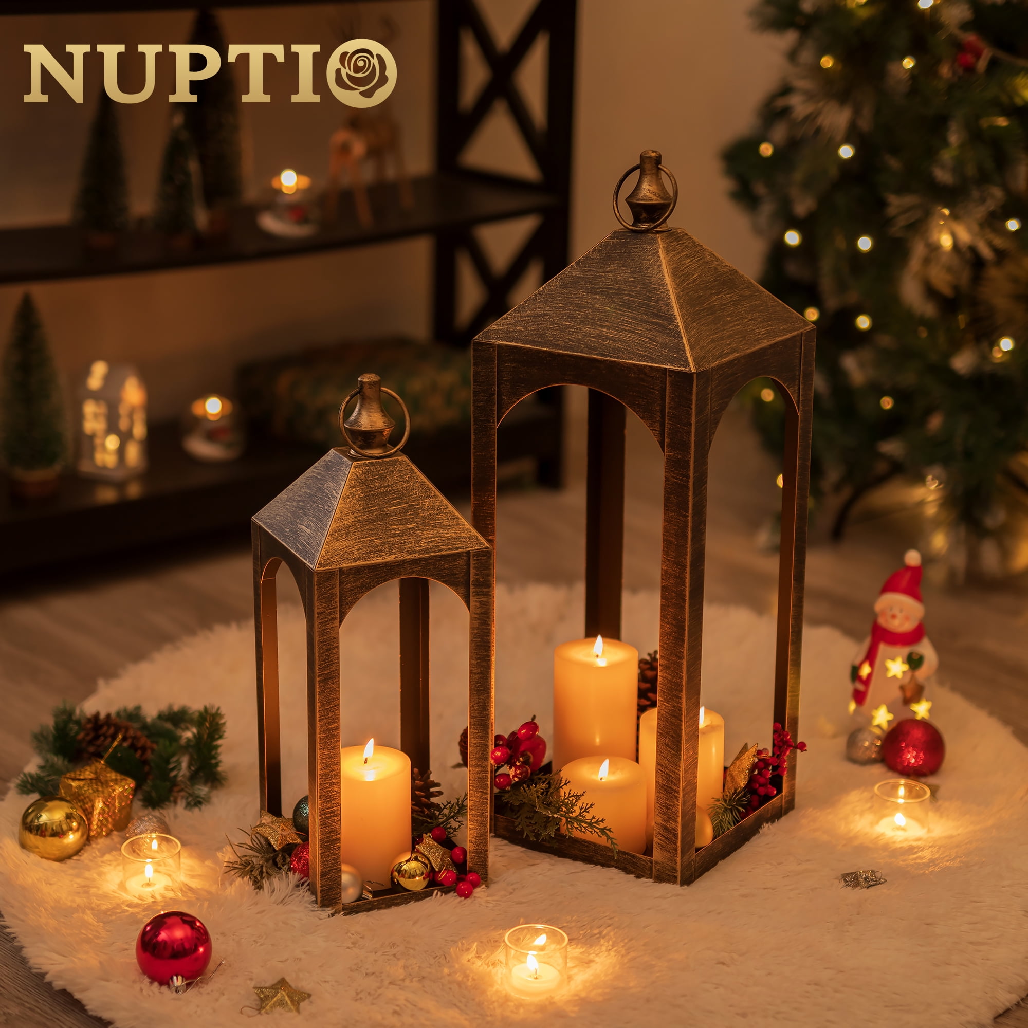 Nuptio Outdoor Candle Holder Lanterns for Porch, Porch Lanterns Decorative Indoor Outdoor Front Porch Decor,17" & 23" Set of 2 ,No Glass M+L