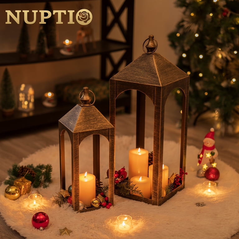 Set Of 2 Outdoor Lanterns - 23 & 17 Inch Metal Candle Holders For Porch & Patio Decor