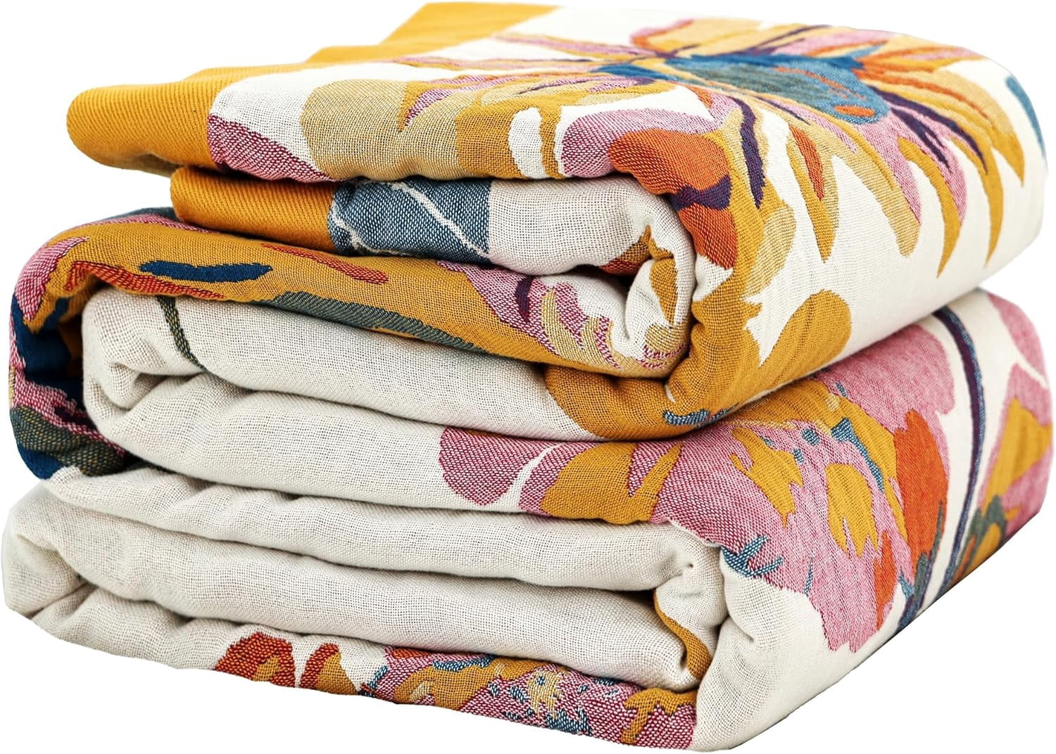 PANGUSHAN Orange Bohemian Throw Blanket - 100% Cotton Reversible Queen Size (90"x98"), Floral Jacquard